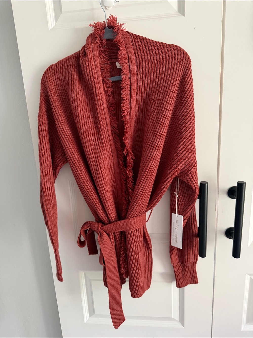 Women's Brick Red Rust Ribbed Knit Belted Cardigan